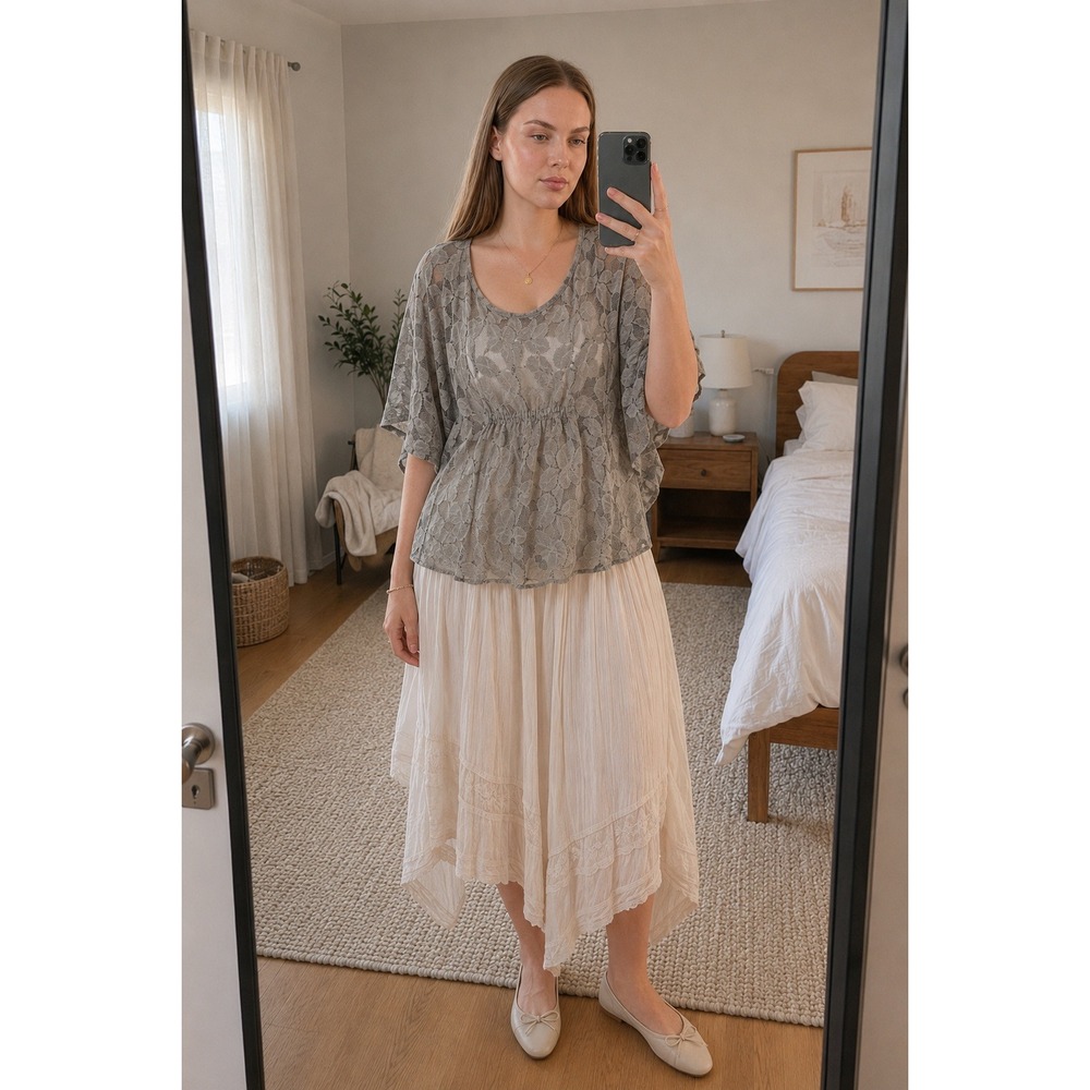 Womens Lace Sheer Top XL Taupe Floral Cottage Boho Fairy Romantic Feminine